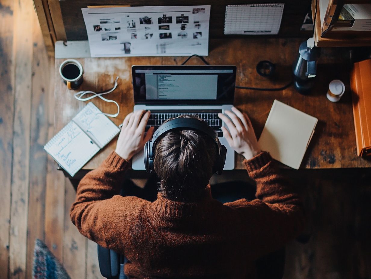 A student preparing for an online course with a laptop and study materials